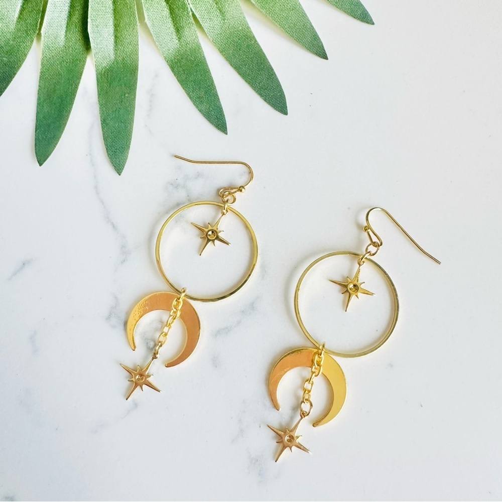 2/$30🌵 Gold Star Crescent Moon Hoop Dangle Earrings Moon Phases Bohemian NEW